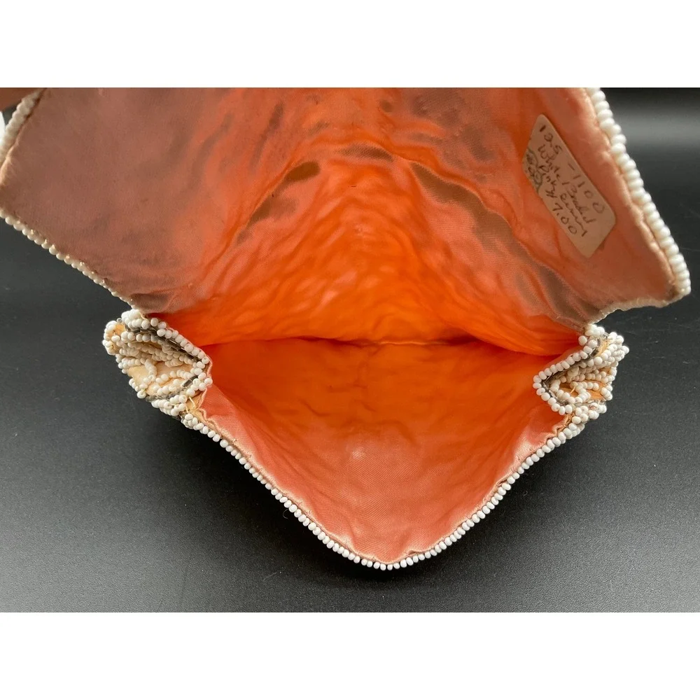 Vintage Beaded Evening Bag Clutch Purse White Floral Pink Lining